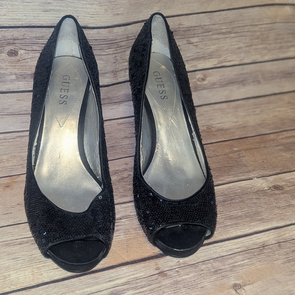 Guess Black Glitter Peep Toe Heels